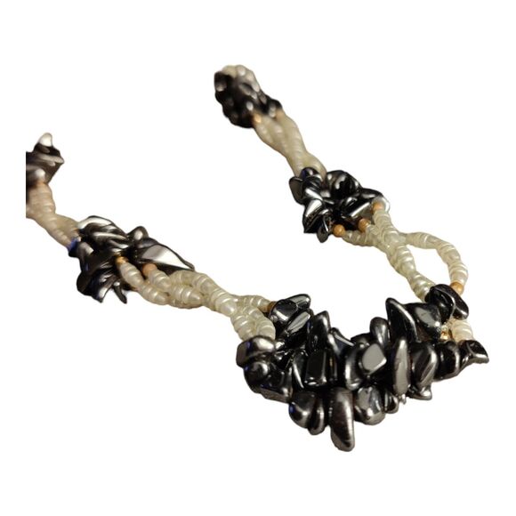 Faux Rice Pearls/Hematite Necklace Clusters Multi strand Lariat Style - Picture 2 of 7